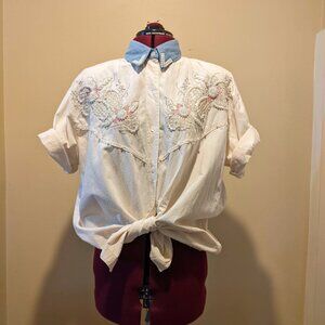 Western Vintage Women’s Cream Shirt – Beaded & Appliqué Design (Passion XL)